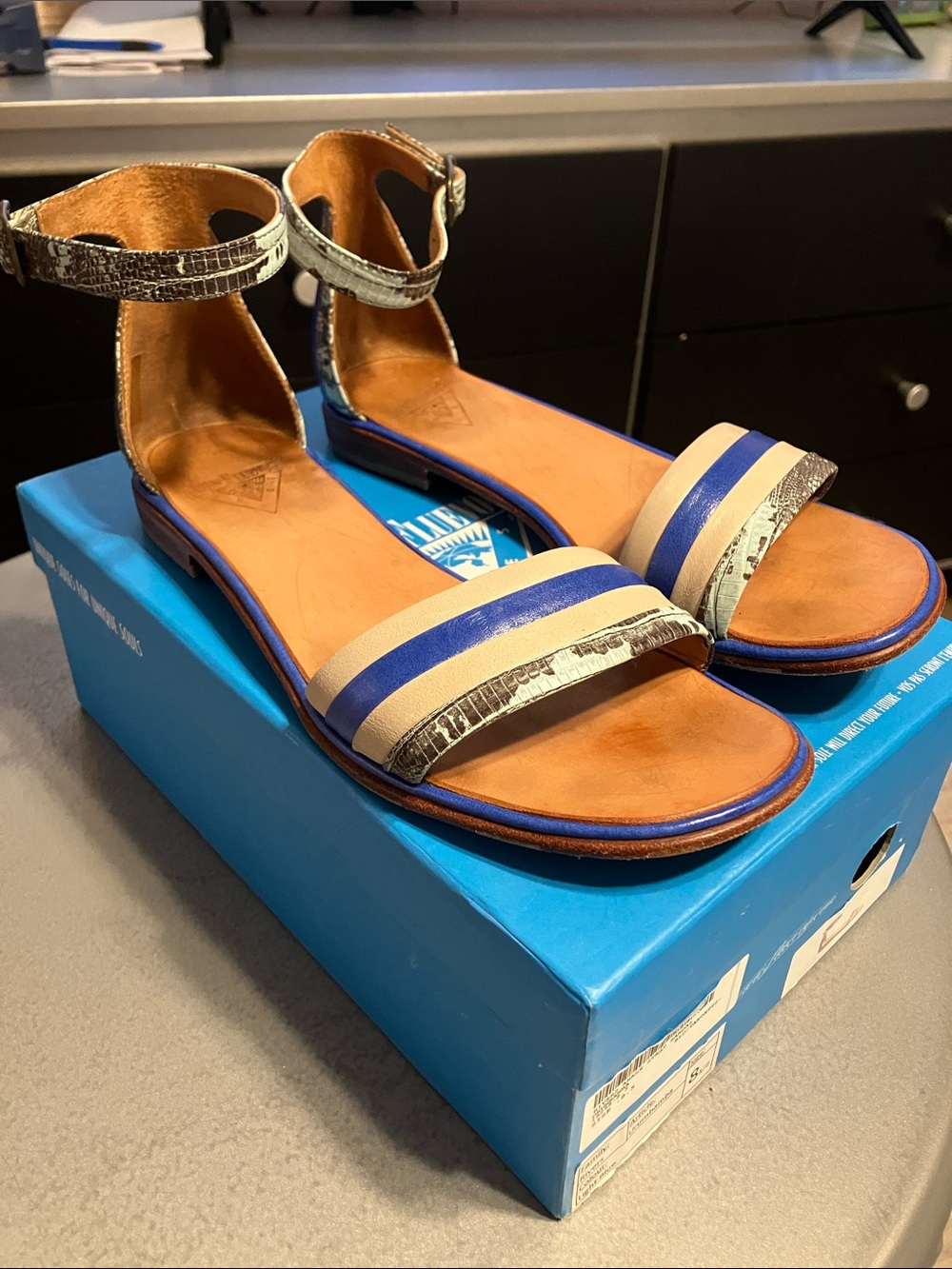 John Fluevog Blue, Tan & Silver Ankle-Strap Flat Sandals